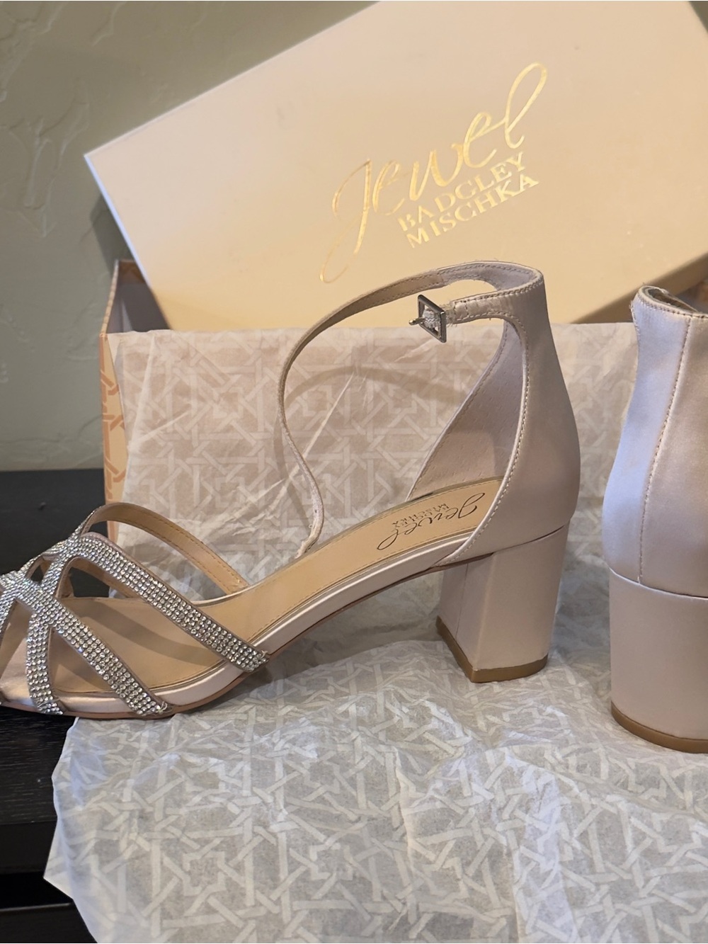 Badgley Mischka Blush Satin Block Heel Sandals with Crystal Straps